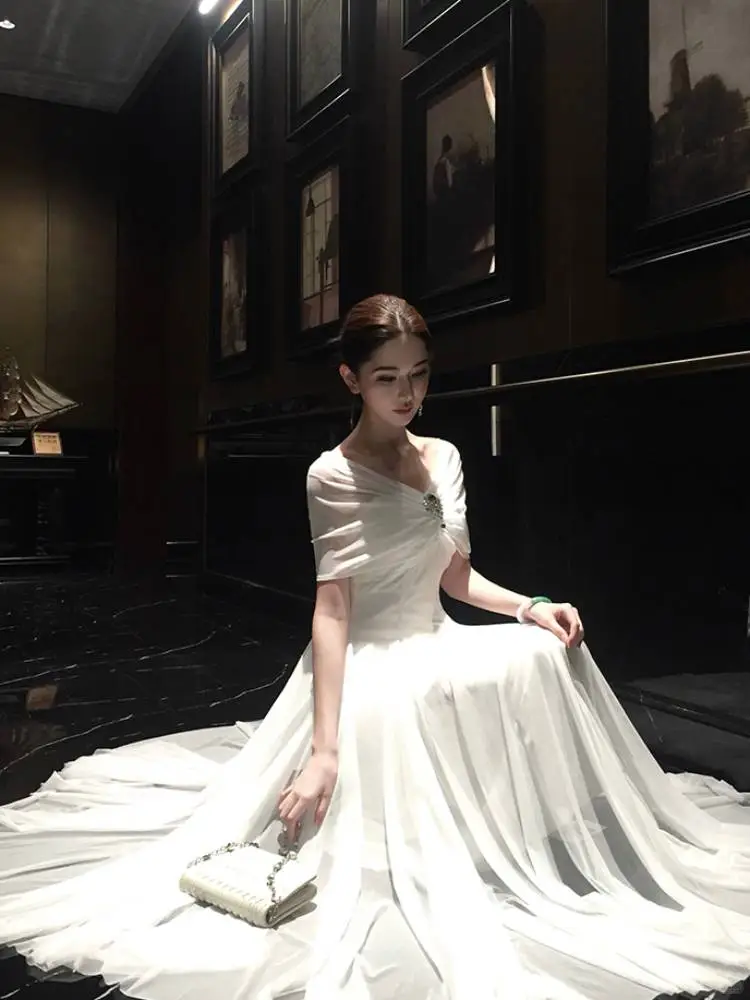 Elegant White Off The Shoulder Chiffon A Line Long Birthday Dress Evening Dress SP2295