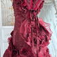 Charming Burgundy One Shoulder Beaded Satin Pleated Flowers Mermaid Long Birthday Prom Dress Party Gown SP1469