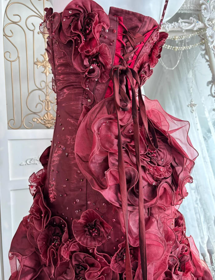 Charming Burgundy One Shoulder Beaded Satin Pleated Flowers Mermaid Long Birthday Prom Dress Party Gown SP1469