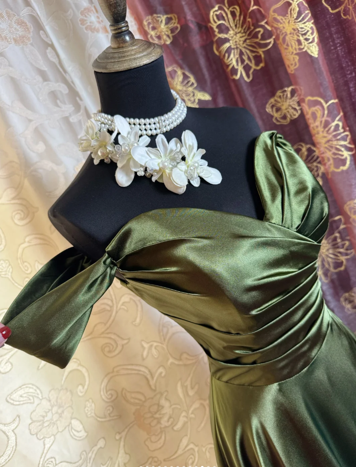 Classy Off The Shoulder Olive Green Satin Pleated Slit Long Evening Dress Formal Wedding Guest  Dress SP1889