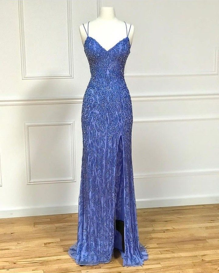 Luxurious Blue Mermaid Prom Dress With Split,Blue Formal Gown  Y4540