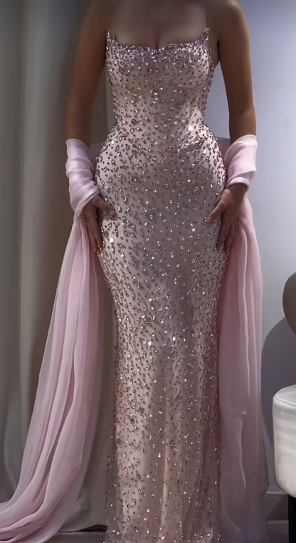 Gorgeous Pink Strapless Sequin Beaded Mermaid Party Dress Long Birthday Prom Dress SP773