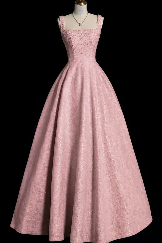 Gorgeous Pink Square Neck Satin Print Floral Beaded A Line Long Party Dress Birthday Dress SP2209