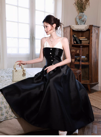 Pretty Spaghetti Straps V Neck Satin A Line Long Evening Dress Black Birthday Dress SP1655