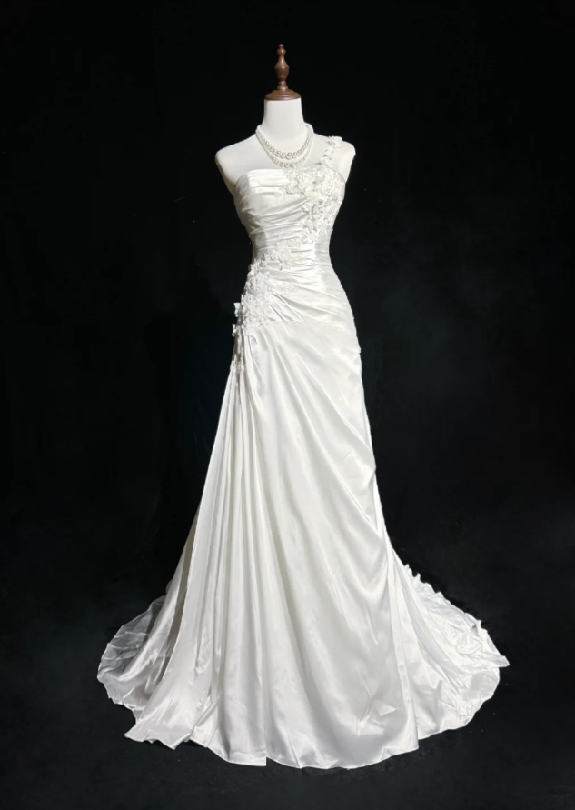 Pretty White One Shoulder Satin Pleated Appliques Mermaid Long Wedding Dress SP1284