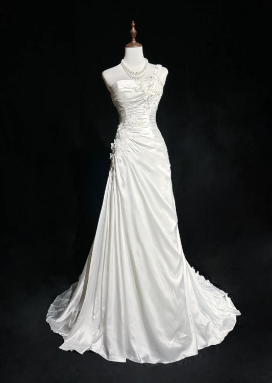 Pretty White One Shoulder Satin Pleated Appliques Mermaid Long Wedding Dress SP1284