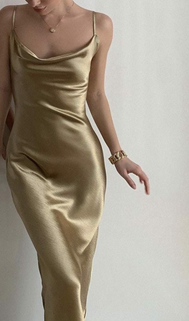 Fashion Spaghetti Straps Gold Satin Long Prom Dress Formal Bridesmaid Dress SP543
