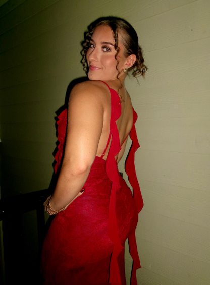 Pretty Spaghetti Straps V Neck Red Lace Backless Mermaid Party Dress Birthday Outfits SP897