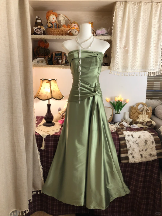 Vintage Green Strapless Satin Long Party Dress Formal Prom Dress Y9465