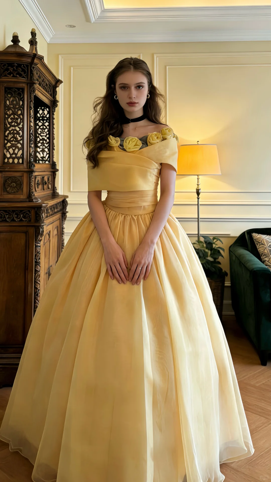 Cute Yellow Ball Gown Off The Shoulder Organza Birthday Quinceanera Dress Sweet 16 Dress With 3D Flowers SP2058