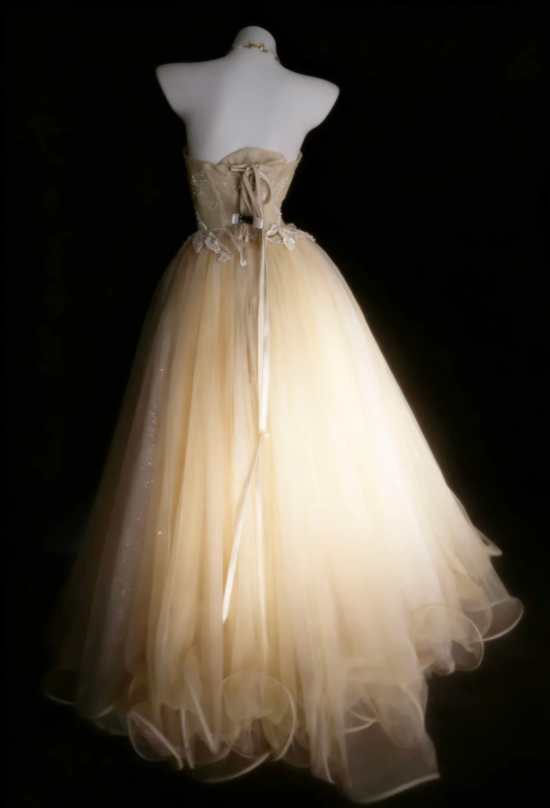 Classy Light Champagne Tulle Sequin Appliques Long Birthday Prom Dress Evening Gown SP1842