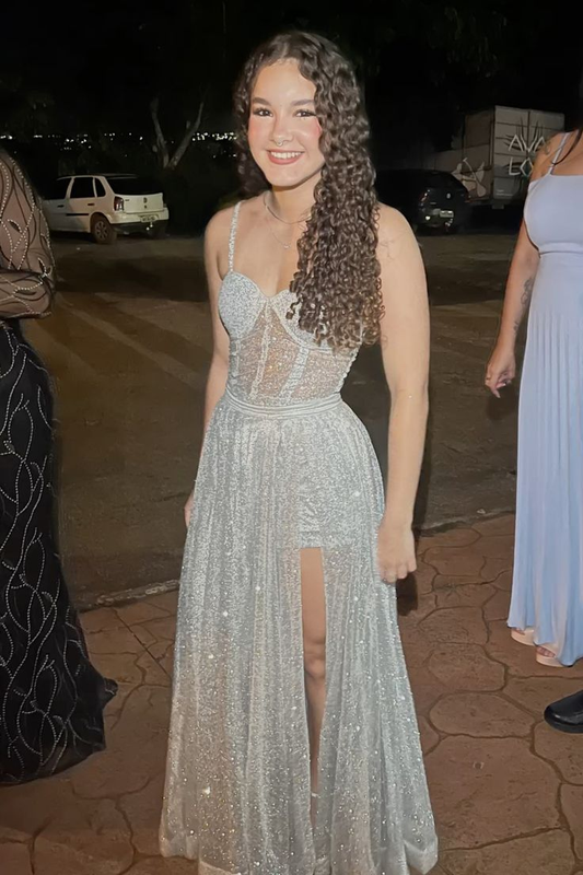 Sparkly Spaghetti Straps Sequin Slit A Line Long Party Dress Prom Gown SP4237