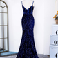 Royal Blue Sequins Spaghetti Straps Mermaid Long Prom Dress Y5734