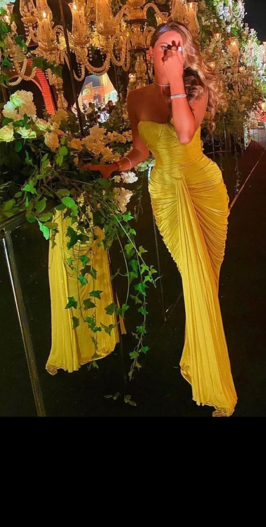 Yellow Pleated Long Prom Dresses Sweetheart Mermaid Floor Length Evening Gowns Y5276