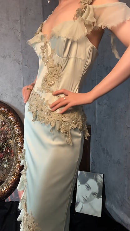 Vintage V Neck Green Satin Chiffon Appliques Beaded Ruffles Mermaid Party Dress Long Prom Gown SP1254