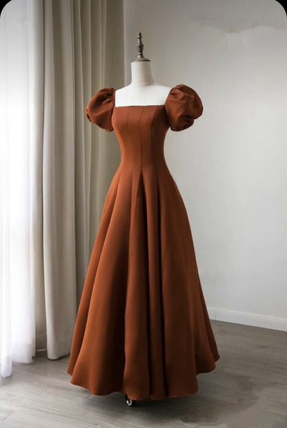 Coffee satin prom dress long Short puffy sleeve ball gown Square neck Simplepromdress Coffee satin prom dress long Short puffy sleeve ball gown Square neck Simplepromdress