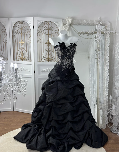 Pretty Black Lace Satin Print Floral Mermaid Long Party Dress,Formal Birthday Prom Dress With Beads SP1443