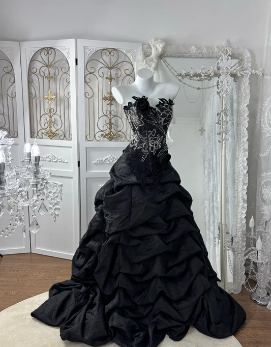 Pretty Black Lace Satin Print Floral Mermaid Long Party Dress,Formal Birthday Prom Dress With Beads SP1443