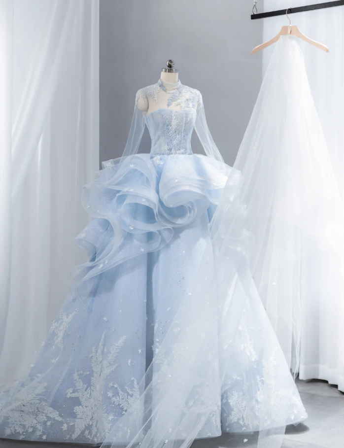 Charming Blue Tulle Sequin Appliques Princess Bridal Dress Long Wedding Dress SP1521