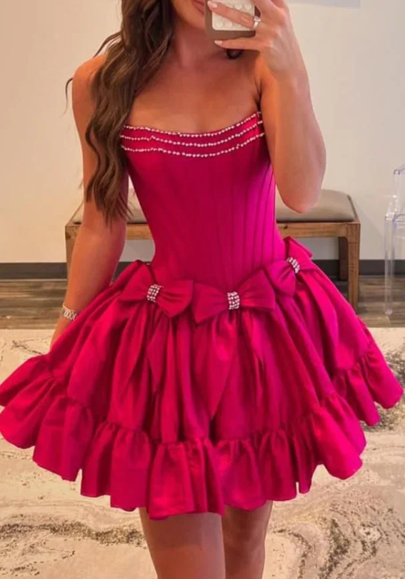 Elegant Strapless White Satin Beaded Bow A Line Short Birthday Outfits Homecoming Dress Y9882