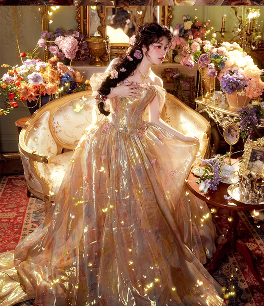 Gorgeous Gold Off The Shoulder Print Floral Long Party Dress Formal Prom Dress Y9365