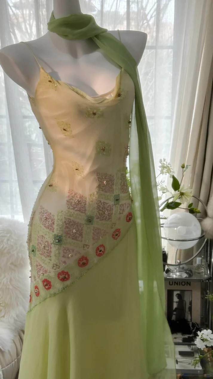 Classy Green Spaghetti Straps Chiffon Beaded Mermaid Long Evening Dress 18th Birthday Outfits SP1731