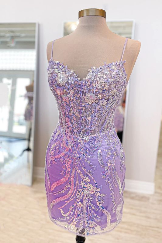Straps Lavender Sequin Appliques Tight Mini Homecoming Dress Y4007