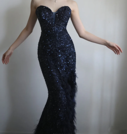 Elegant Strapless Navy Blue Sequin Feathers Slit Mermaid Evening Dress Long Birthday Prom Gown SP1172