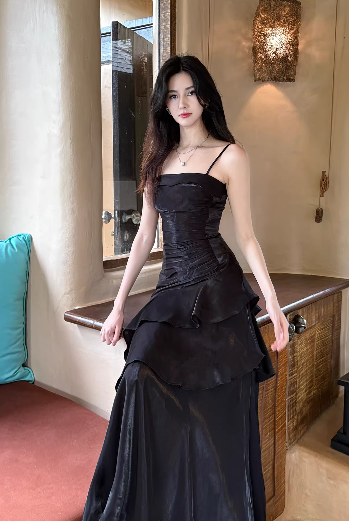Fashion Spaghetti Straps Black Satin Ruffles Layered Mermaid Long Party Dress Formal Wedding Guest Dress SP1986