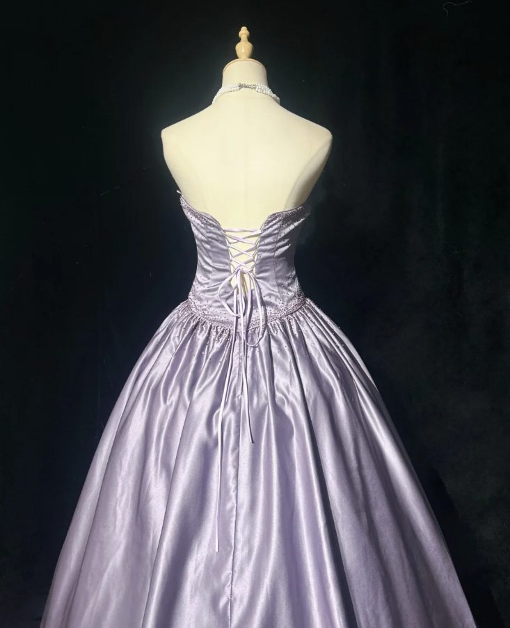Elegant Strapless Ball Gown Lilac Satin Beaded Long Birthday Evening Dress SP1788