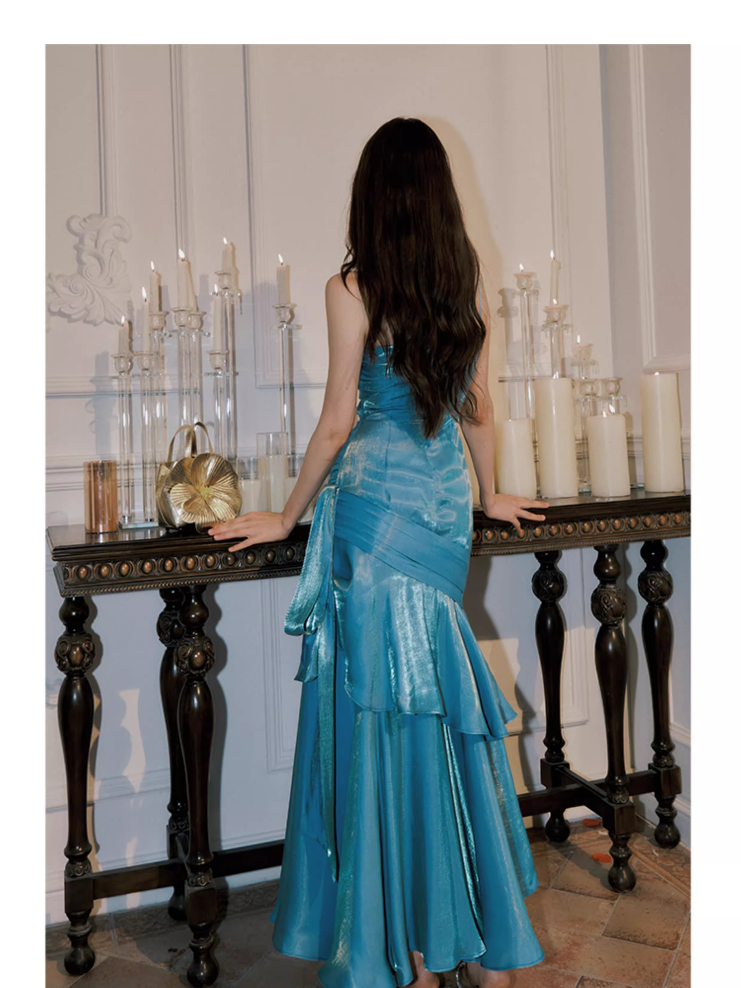 Elegant Spaghetti Straps Blue Satin Pleated Ruffles Layered Mermaid Long Party Dress 19th Birthday Outfits SP1978