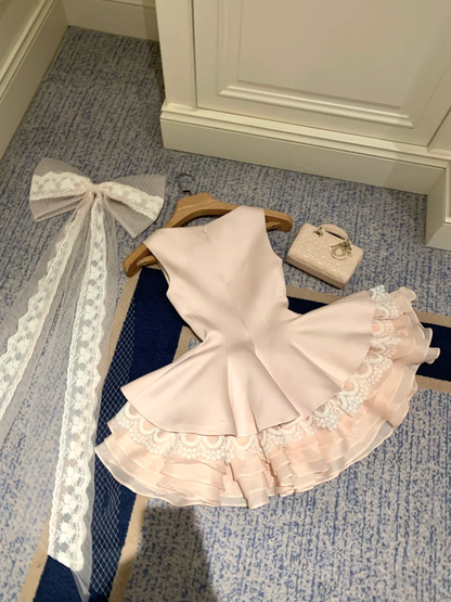 Cute Pink Sleeveless Satin Lace A Line Short Graduation Homecoming Dress Mini Birthday Dress SP2354