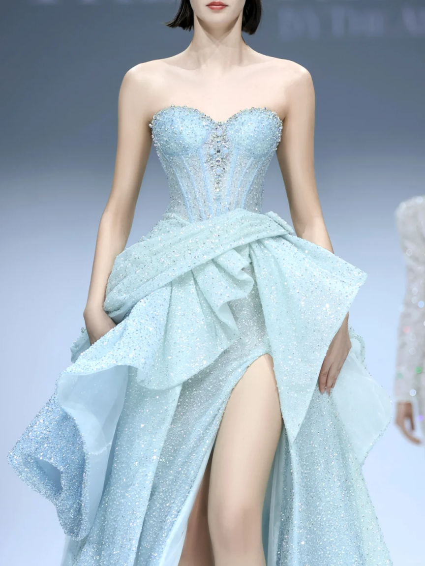 Glitter Blue Satin Sequin Beaded Mermaid Long Birthday Party Dress Prom Dresses SP1400