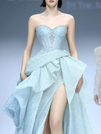 Glitter Blue Satin Sequin Beaded Mermaid Long Birthday Party Dress Prom Dresses SP1400