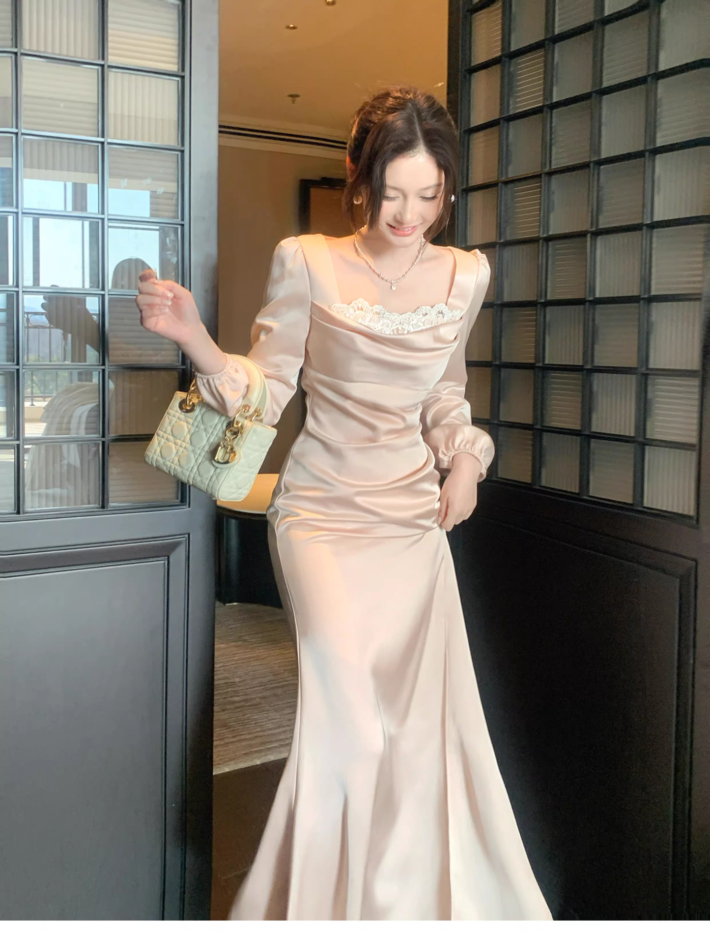 Sweet Lace Neck Pink Satin Mermaid Long Wedding Dress Formal Evening Dress Birthday Dress SP1541