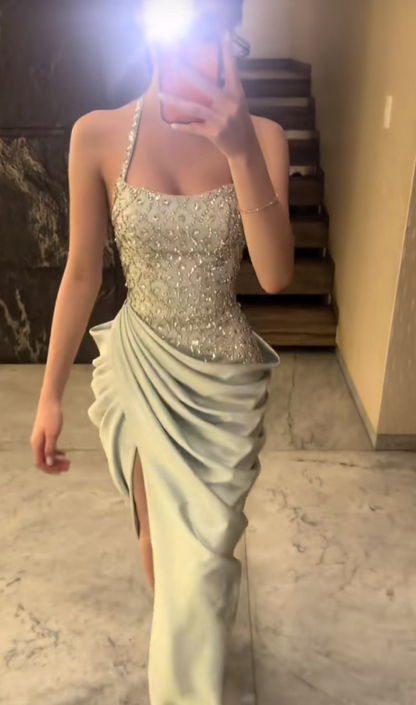 Stylish Halter Pale Sage Green Satin Pleated Beaded Slit Long Party Dress Prom Gown SP2677