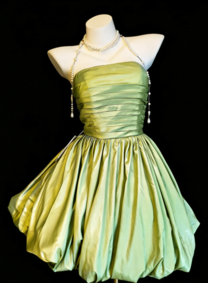 Simple Strapless Green Satin Pleated A Line Short Birthday Outfits Formal 8th Grade Homecoming Dress SP1630