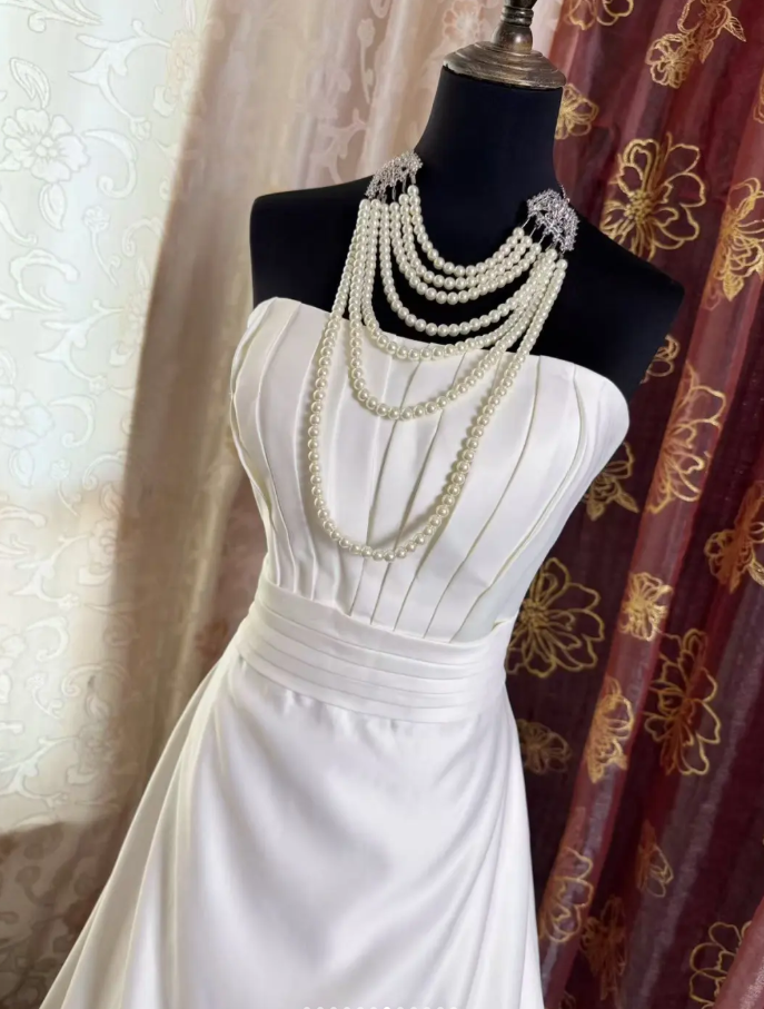 Elegant Strapless Satin Mermaid White Long Wedding Dress Bridal Dress SP1953