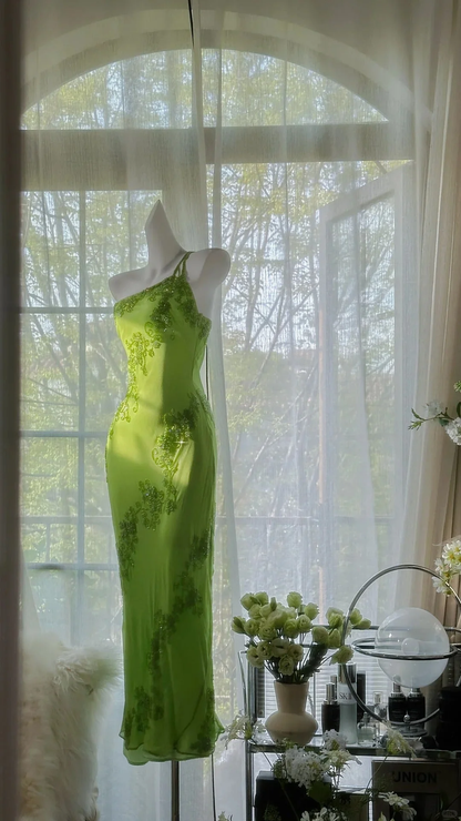Vintage Evening Dresses, Green Spaghetti Straps Chiffon Beaded  Party Gowns Y8695