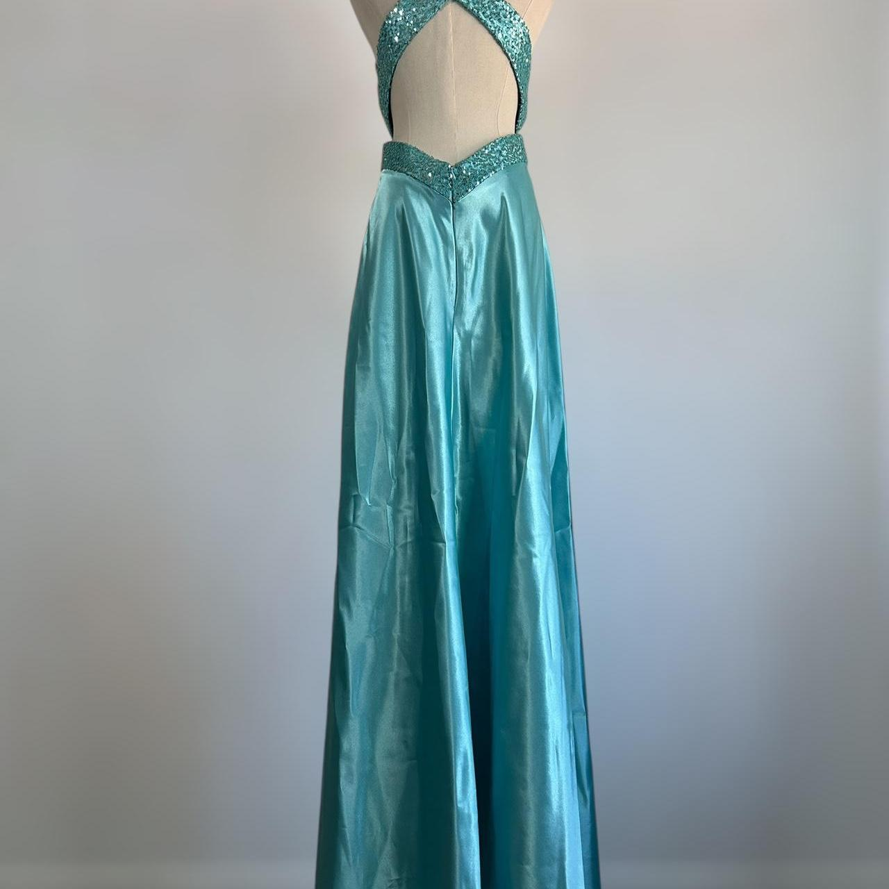 Blue V Neck Satin Sequin Formal Prom Dress Backless Evening Dress Y8548