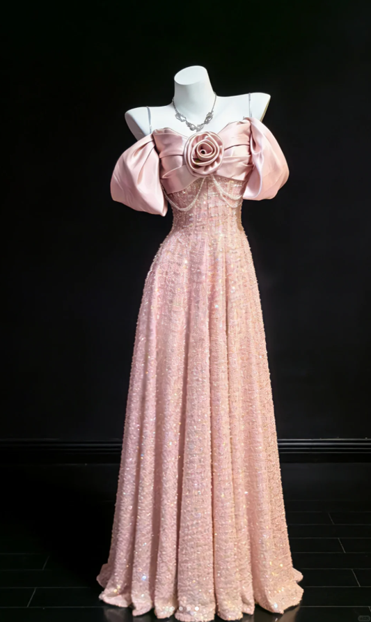 Sweet Pink Off The Shoulder Sequin A Line Long Wedding Guest Dress Formal Party Dress Birthday Prom Gown SP1623