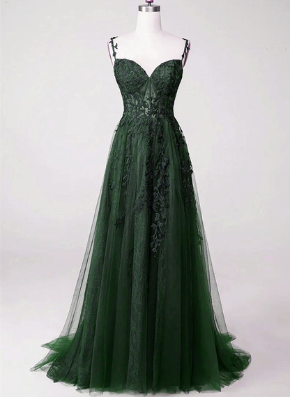 Dark Green Tulle with Lace Beaded Straps Prom Dress,Green Long Formal Simplepromdress Dark Green Tulle with Lace Beaded Straps Prom Dress,Green Long Formal Simplepromdress