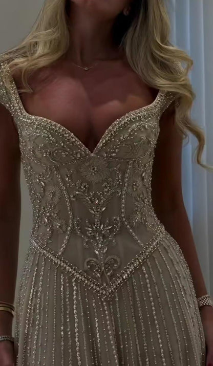 Gorgeous V Neck Tulle Beaded A Line Evening Dress Long Party Dress SP4264