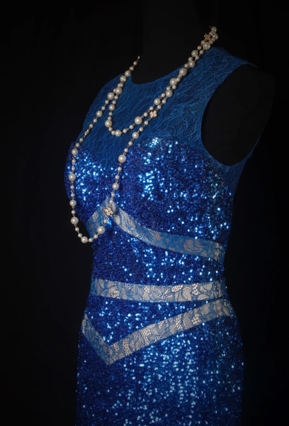 Sparkly Sleeveless Royal Blue Lace Sequin Slit Mermaid Long Party Dress Evening Dress SP1699