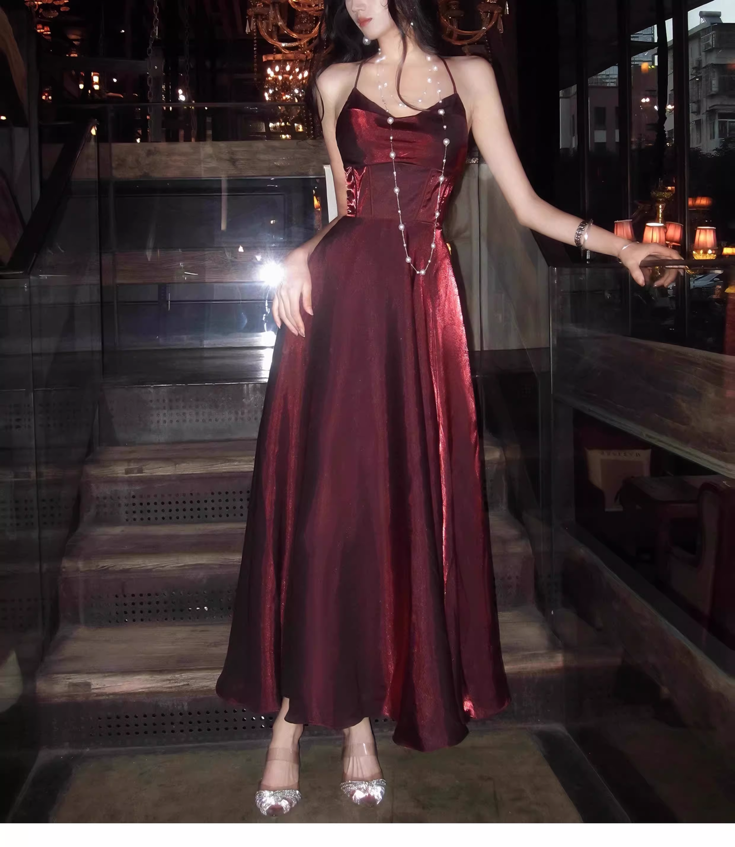 Elegant Burgundy V Neck Satin A Line Long Party Dress Birthday Dress SP1987