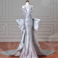 Luxury Silver Sequin 3D Beaded Mermaid Evening Dress,Long Prom Dress With Bow Y8640