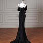 Elegant Black Spaghetti Straps Satin Off The Shoulder Mermaid Evening Dress Prom Dress Y8641