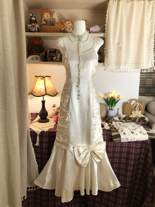 Vintage Spaghetti Strap Ivory Satin Mermaid Long Prom Dress Evening Dress Y9468