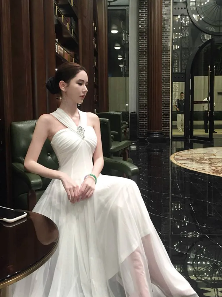 Elegant White Off The Shoulder Chiffon A Line Long Birthday Dress Evening Dress SP2295