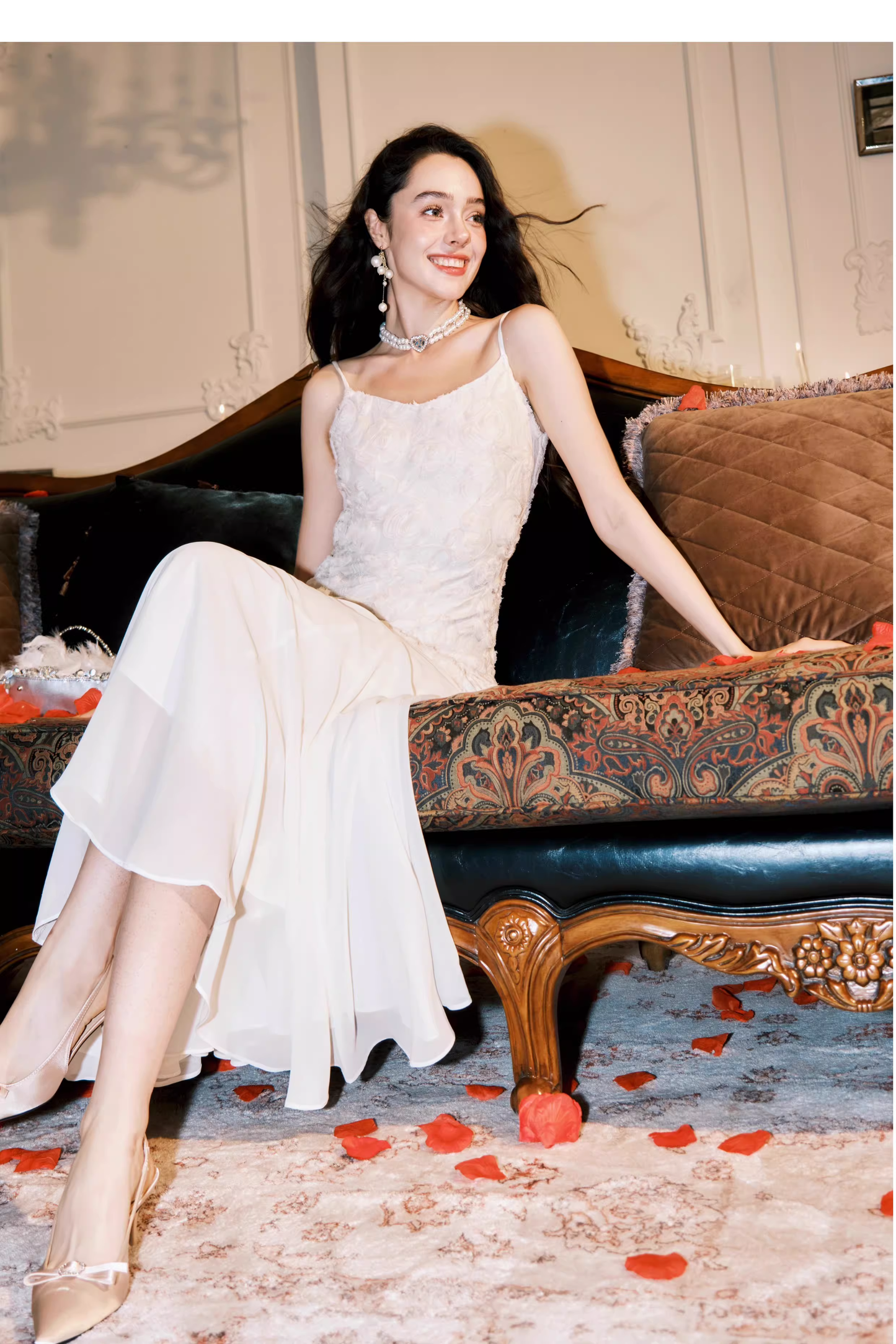 Fairy Spaghetti Straps 3D Rose Flowers Chiffon Mermaid Prom Dress White Birthday Party Dress SP1981